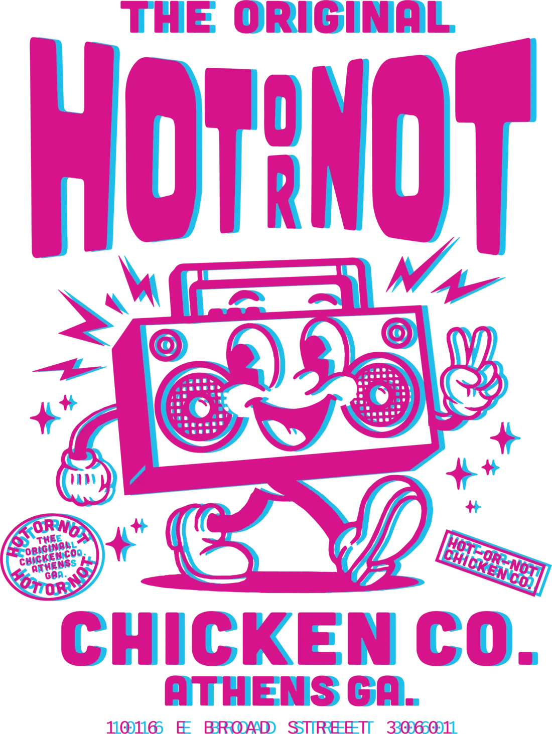 Hot or Not Chicken Co. poster artwork featuring Lil Boom the boombox mascot